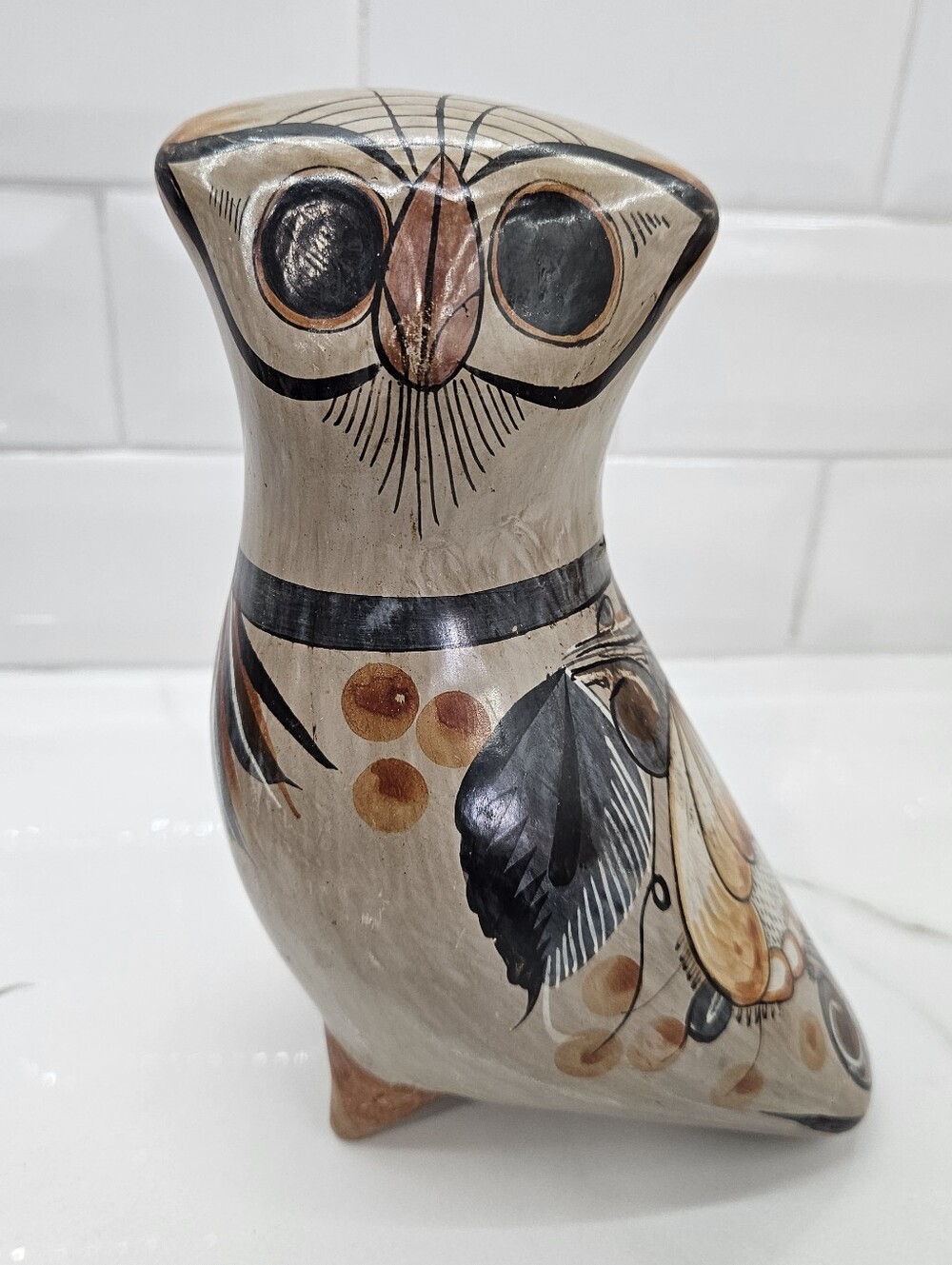 VTG Mexican Tonala Owl Folk Art Hand Painted Floral 8" Brown Gray Feather Footed
